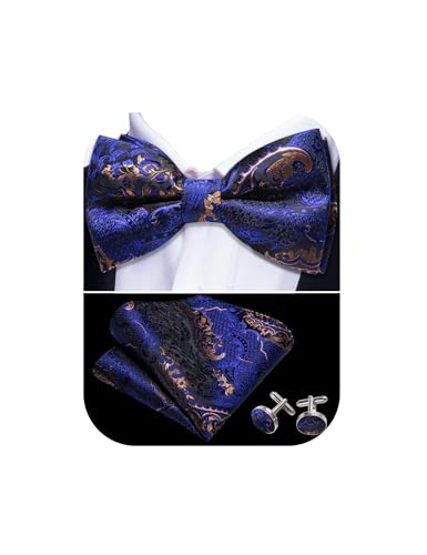 Image of Barry.Wang Mens Blue Bow Ties Paisley Silk Pre-Tied Bowtie Set