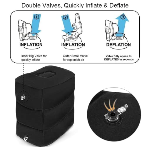 Image of Inflatable Travel Foot Rest Pillow - 3-Layer Adjustable Height Leg Rest for Airplane, Car, Office & Toddler Flight Seat Extender - Soft Flocked PVC, Portable with Pump & Dust Bag (Pack of 2, Black)