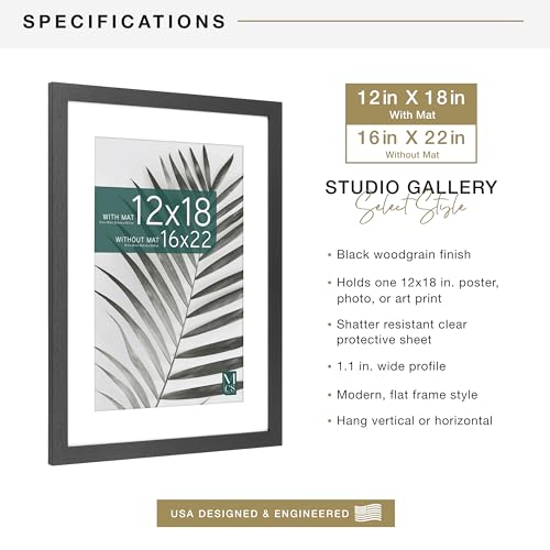 MCS Studio Gallery 16x22 Matted Poster Frame with 12x18 Picture Display, Black Woodgrain Vertical & Horizontal Wall Hanging Large Picture Frame for Photos, Posters & Art Prints (1-Pack)