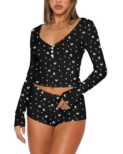 Image of INFITTY Womens Sexy Vneck 2 Piece Sets Casual Long Sleeve Button Short Pajama Outfit 2026 Trendy Crop Top Nightwear