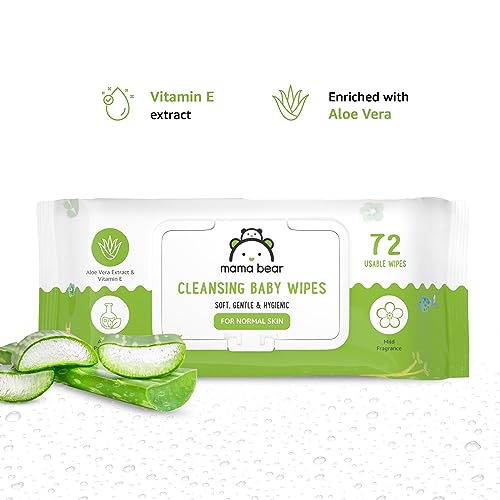 Amazon Brand - Mama Bear Cleansing Baby Wipes With Lid | 576 Wipes | 72 Wipes x 8 Packs | Dermatologically Tested | With Aloe Vera & Vitamin E | Alcohol-free | Paraben-free | Water-Based Formulation