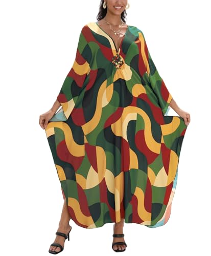 Image of IMAGEKOPE Women's Plus Size Animal Print V-Neck Batwing Kaftan Beach Dress Bathing Suit Cover-Up Loungewear