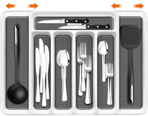 BBLTIFF Cubertería Extensible, Extensible 5 a 7 Compartimentos, Organizador de Cubiertos de Extraíble Cajón, Organizador de Cubertería Ajustable y Compacto Adecuado para Guardar Utensilios de Cocina