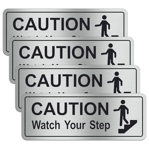 Caution Watch Your Step Sign, 4 Pack 8x3Inch Self-Adhesive Aluminum