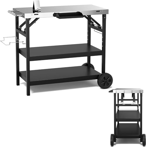 GYMAX Carro de Barbacoa de Metal, Carrito de Servicio de 3 Niveles, Mesa de Barbacoa con Ruedas con 3 Estantes, Especiero, Toallero y Portabolsas, Mesa de Trabajo para Barbacoa, Negro