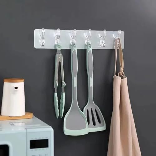 Image of Wall Hanger Hooks for Clothes - Self Adhesive 6 Hook Strip | Heavy-Duty Stick-On Hanger for Kitchen, Bathroom & Bedroom | No Drilling, Waterproof & Rustproof (Pack of 1)