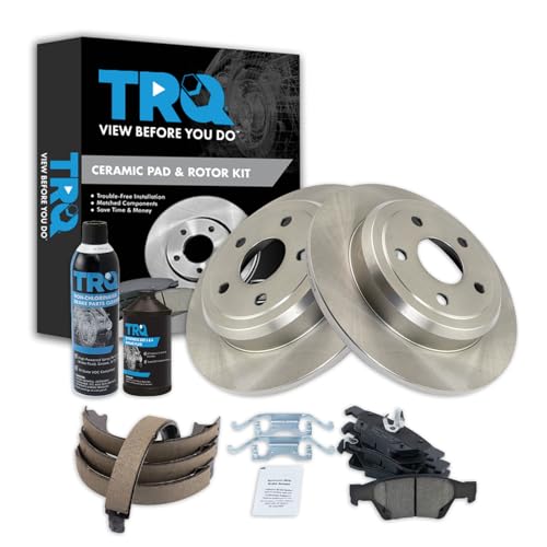 Image of TRQ Rear Brake Pad & Rotor Kit, with Chemical Kit Parking Brake Shoe Set Ceramic Compatible with 2011-2019 Dodge Durango Jeep Grand Cherokee