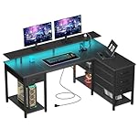 Seventable 120cm L Shaped Desk with LED Lights, USB Ports, Power Outlets, Monitor Stand & Storage Drawers (Reversible Design) – Corner Computer Desk, Gaming Desk for Bedroom or Home Office, Black