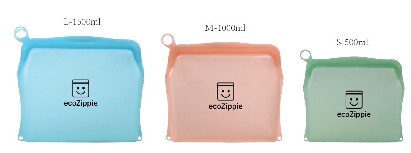 ecoZippie Premium Silicone Reusable Food Storage Bags, 3-Pack (Mixed Color), Leakproof, Multi-Use, Baby Food Friendly, Handle Design, BPA-Free, Freezer & Microwave & Oven Safe