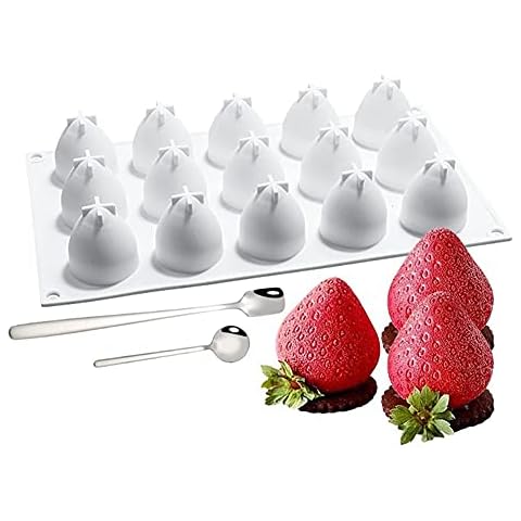 3D Big Strawberry Shaped Silicone Mold & 2 Dessert Spoons,for Baking Creative Mousse Cake Topper Dessert Cup Decoration Chocolate Truffle Pastry Fruit Ice Cream Polymer, Resin Model Clay Soap; D10 Cover