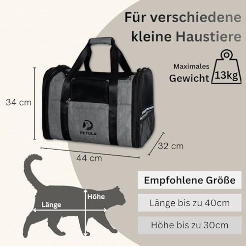 Petula Katzentasche & Hundetasche – Faltbare Transporttasche für Katzen & kleine Hunde bis 13 kg – Formstabil, mit Innenmatte, Belüftung, Tiertransporttasche, Transportbox (Grau)