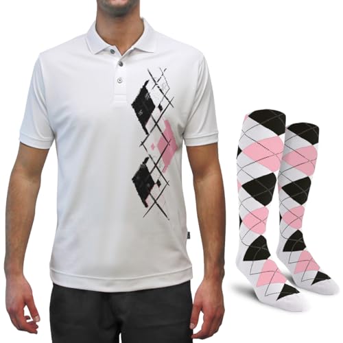 Dry Fit Graphic Golf Polo Shirt for Men, Great for Sports and All Outdoor Activities - Argyle Paradise - XXXX: White/Pink/Black - Medium with Socks