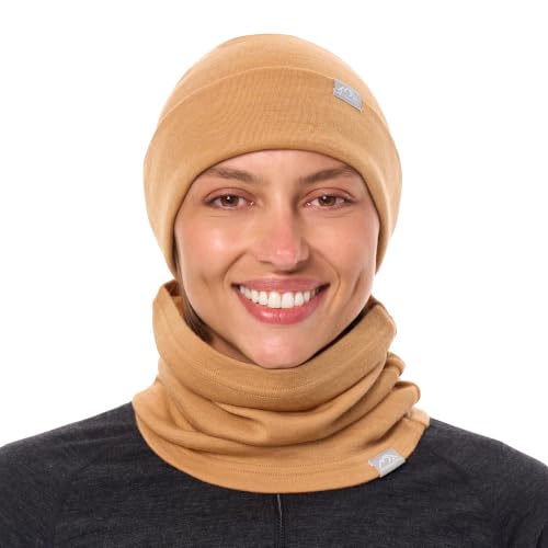 100% Merino Wool Beanie Neck Gaiter Combo, Unisex 17.5um 4 Season Soft Hat (Tan)