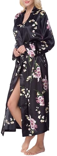 Lavenderi Women's Satin Kimono Robe - Long Classic Satin Lounge Bathrobe