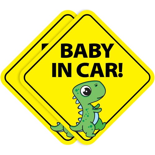 Image of Stickios Baby on Board Stickers - Removable Non-Magnetic Paint-Safe Signs for Cars & Windows - Made in USA - Baby Boy Dinosaur (2 Vinyl Decals) - v1