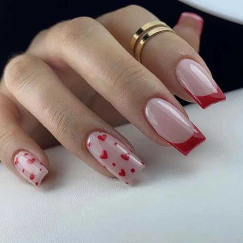 Valentine's Day Press on Nails Short Square Fake Nails Red Heart False Nails with Designs French tip Glossy Full Cover Glue on Nails Cute Acrylic Artificial Stick on Nails for Women Decoration 24 Pcs