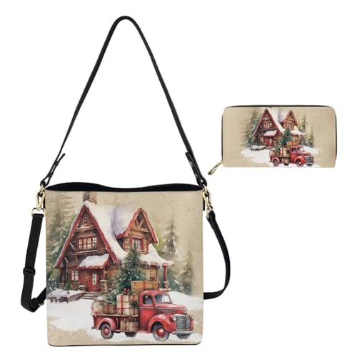 Image of HUGS IDEA Leather Purses and Handbag for Women Bucket Bag with Wrist Wallet 2 Packs
