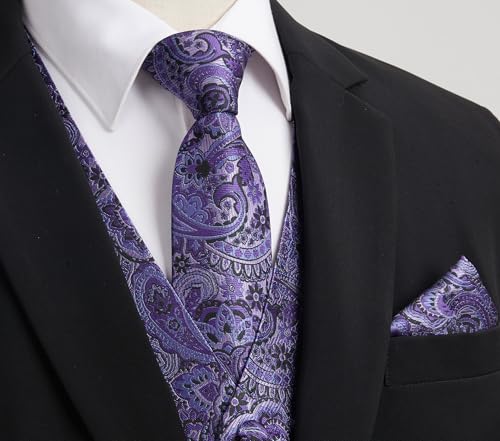 Image of HISDERN Vest and Tie Sets for Men Vests Paisley Floral Jacquard Necktie Pocket Square 3PCS Waistcoat for Suit or Tuxedo