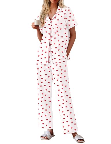 Image of Ekouaer Women's Cotton Pajamas Set Short Sleeve Button Down Pjs with Pants