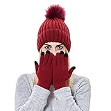 BCDlily Women Winter Beanie Hat Gloves Set Warm Pom Pom Skull Caps with Knit Mitten Mitts (Red)