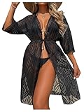 Verdusa Women's Tie Waist Kimono Cardigans Sheer Mesh Beach Cover Up Vacation Outfits Black X-Large