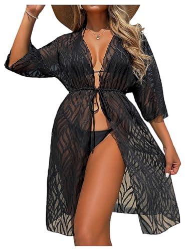 Verdusa Women's Tie Waist Kimono Cardigans Sheer Mesh Beach Cover Up Vacation Outfits Black X-Small