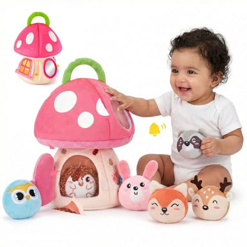 Baby Toys 6-12 Months-Mini Farm Animals Shape Sorter Toys with 6pc Stuffed Farm Animals Plush Toy Rattle Crinkle Paper Mirror-Busy Montessori Toy for Babies Sensory Toys for Toddlers 1-3 (Pilzhaus)