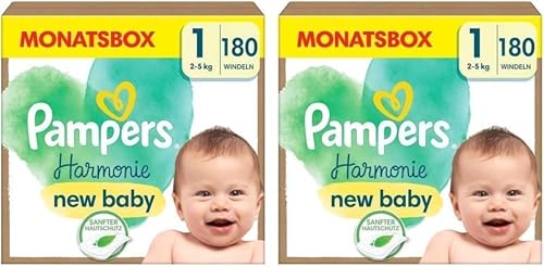 Pampers Harmonie Windeln Größe 1, 180 Windeln, 2kg-5kg, sanfter Hautschutz mit 100 Prozent Pampers Schutz