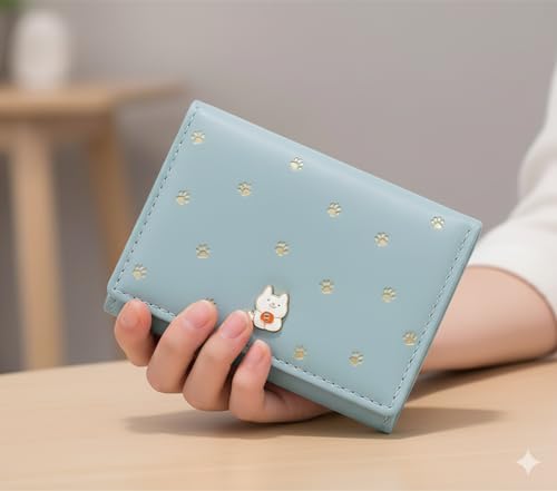 Image of INOVERA (LABEL) Cute Small Wallet for Womens & Girls - Stylish Faux Leather Tri-Fold Cash, Card Holder Hand Purse (Light Blue)