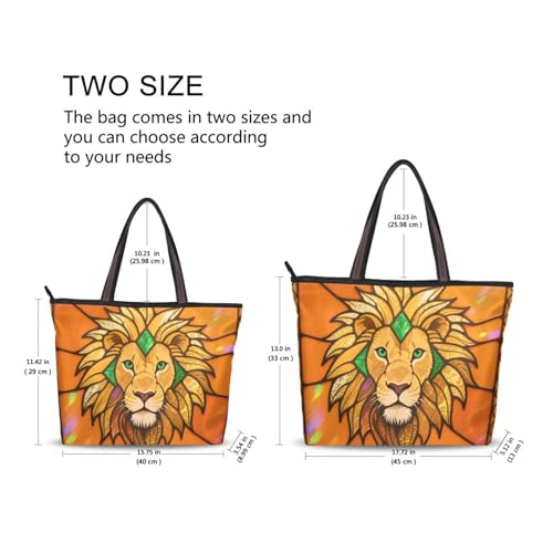 silk fabric zippered tote bag trendy tote handbags for women for Everyday & Travel (Golden Glass Lion) L2