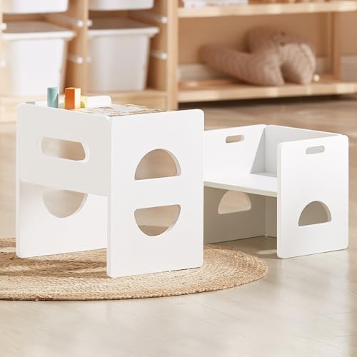 FUNLIO Juego de Mesa y Silla Montessori de Altura Ajustable para Edades 1-3, Juego de Mesa y Silla de Madera Maciza para Niños Pequeños, Juego de Mesa y Silla para Leer/Comer/Jugar - Blanco