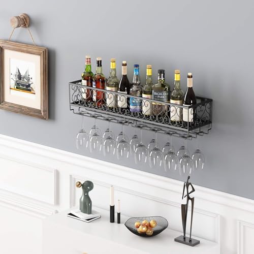 Range Bouteille Meuble Bar Mural Noir avec étagères et Support Verres - 4