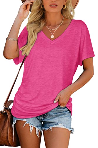 Image of WIHOLL Womens Summer T-Shirts Short Sleeve V Neck Dolman Tops with Side Shirring Loose Fit Shirts Spring Fashion