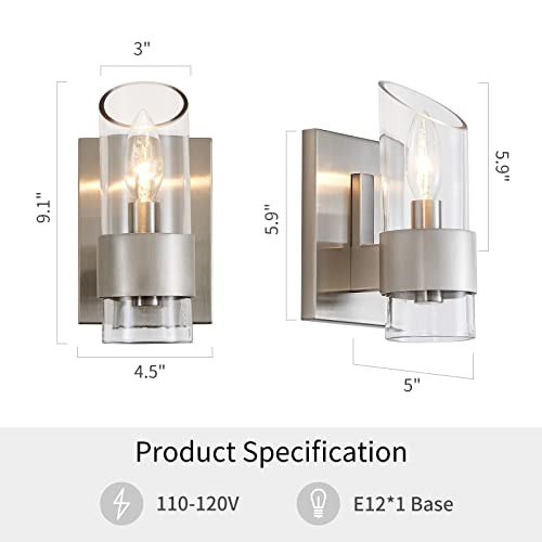 Image of WUZUPS Set of 2 1-Light Bathroom Wall Light Fixture Over Mirror Class Shade Morden Vanity Scones for Bathroom Bedroom Living Room, E12 Base, Brushed Nickel