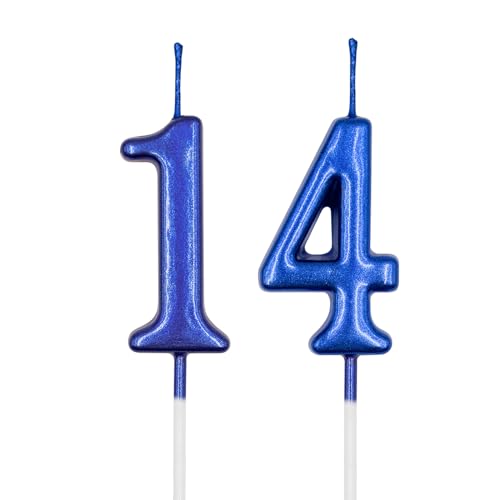 14th & 41st Birthday Candles Blue Number 14 41 Candle for Cake Happy Birthday Cake Topper Decoration for Birthday Anniversary Celebration Party Supplies