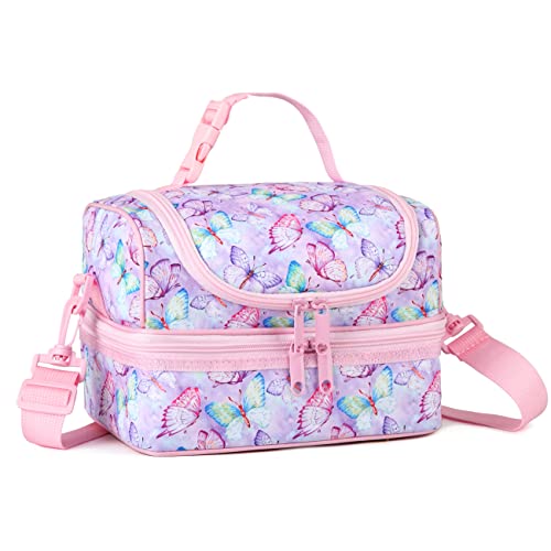 VASCHY Insulated Lunch Bag for Girls Portable Lunch Bag Separate Compartments Reusable Lunch Handbag with Adjustable Shoulder Strap for School and Picnic (Pink Butterfly)