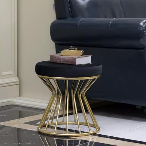 Image of Round Velvet Ottoman Seatting Stool Foot Rest Vanity Dressing Stool with Gold Metal Legs Modern Upholstered Footstool for Living Room Bedroom Home and Office Black