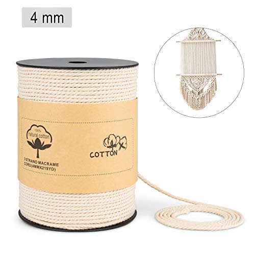 ONEPENG Macrame Cord 4mm x 219Yards?200M?,100% Natural Macrame Rope 3 Strand Twisted for Wall Hanging, Plant Hangers, Crafts, DIY Craft Knitting, Decorative Projects Soft Undyed Cotton Rope