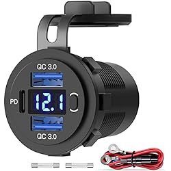 Cargador Usb Coche Fantastico Toma Corriente USB 12V Puerto Dual Quick Charge 18W 3.0 y 20W PD, USB C Toma Cargador con Voltímetro e Interruptor, Múltiple Impermeable para Coche, Barco, Camión Marino, RV