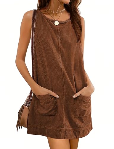 Hooever Women's Corduroy Overall Dress Round Neck A Line Skirtall Jumper Mini Dress Pinafore with Pockets
