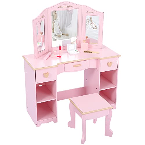 Dressing Table and Stool Set, Pink Vanity Desk with Tri-Folding Mirror, 3 Drawers & 4 Open Storage Shelves, Makeup Desk for Bedroom by JoanKaren - Used condition - CA$110.11