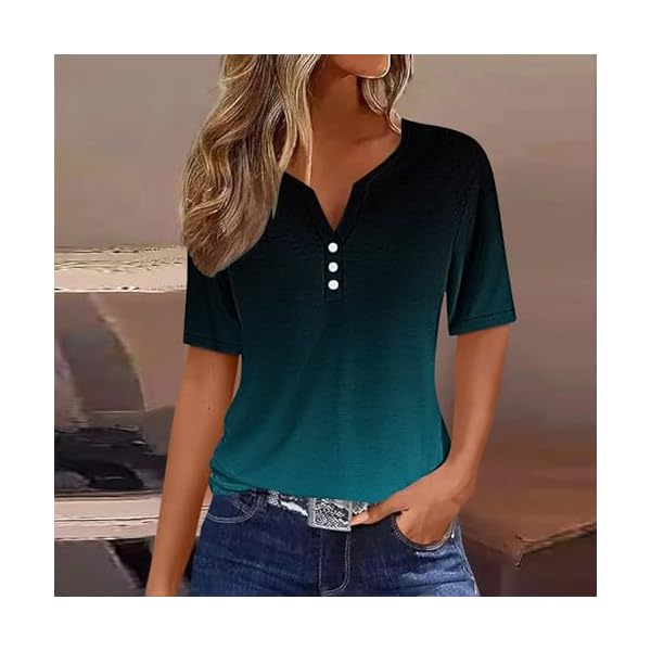 Summer Tops for Women 2024 Trendy Ombre V Neck Button Shirts Short Sleeve Loose Tunic Dressy Casual Tshirt Blouses - Image 3