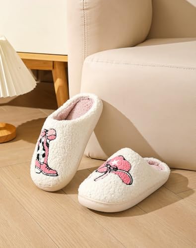 Coquette Western Cowboy Boots Slippers for Women Fluffy Memory Foam Comfort Wear Shoes Wide Lightweight Warm Fuzzy Fur Lined Cotton House Slippers Indoor Bedroom Slides Cute Christmas Gift for Couples2