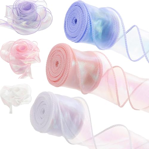 Feegela 3 Rollen Chiffonband - Schillerndes Organzaband - Geschenkband - Schleifenband Schimmernd und Transparent Dekoband für Hochzeitsstrauß Schleifen Kränze Valentinstag (Blau rosa weiß)