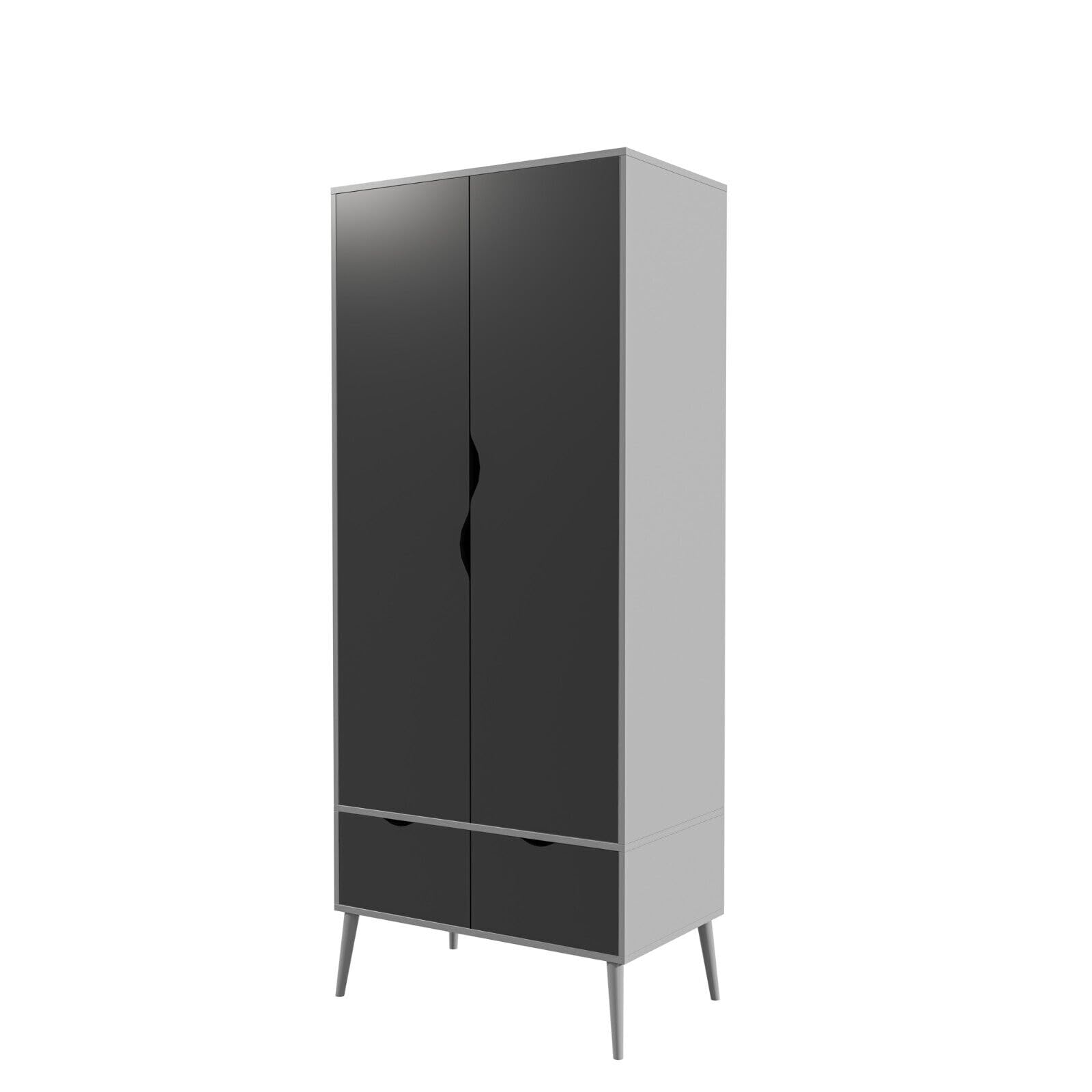 URBNLIVING 180cm Tall Freestanding Grey Wardrobe with Black 2 Door 2 Drawer Modern Shelf Clothes Storage Scandi Legs Cupboards Hanging Rail Unit for Bedroom