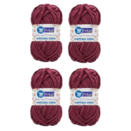 Image of ProKart Premium Blankie Wool, Plush & Cuddly, Chenille Yarn Supersoft Hand Knitting Wool Ball | Blanket Thick /Mottu Yarn Ball Suitable for Hand Knitting and Crocheting for Baby, Adult, Sweaters, caps, Throws, Home Furnishing, Scarves, Blankets (Dark Wine, 100gms x 4 Pack)