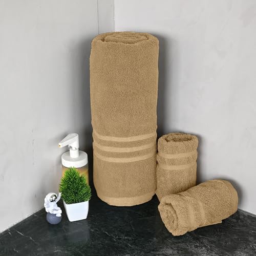Image of Divine Casa Cotton Towel Set 1 Bath + 2 Hand Towels Beige, 550 GSM Ultra Soft & Highly Absorbent, Bath 150 x 75 cm & Hand 60 x 40 cm