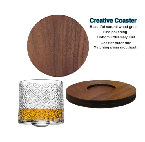Image of Spinny Whiskey Glasses Set | Rotatable Heavy Base Tumbler Glass Cups, Glasses with Coasters | Perfect for Scotch, Bourbon, Juice, Water, Cocktails (190 ml - 1 Pc Glass Design E with Coaster)