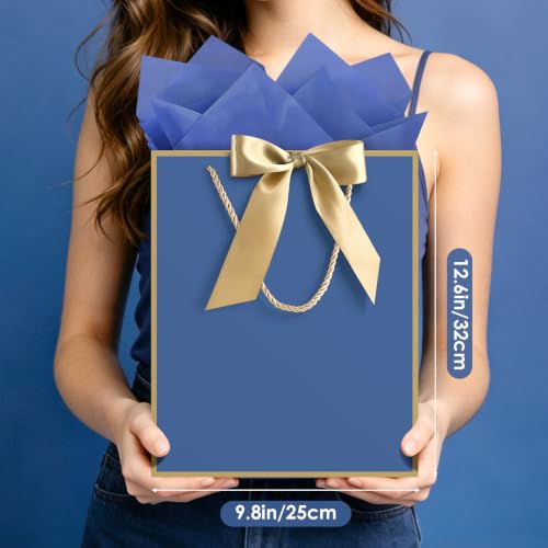 Image of JMANNI Gift Bags with Handles, 13 inch Medium Gift Bag for Presents, 4 Pcs Bags with 8 Tissue Paper and 4 Cards for Baby Shower Wedding Bridal Shower Mother's Day Birthday Party(Blue Gold)