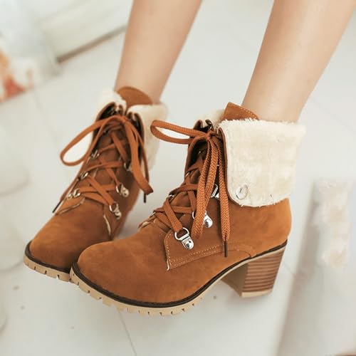 AIMODOR Womens Lace Up Platform Boots Mid Chunky Heel Ankle Booties Shoes Round Toe Warm Faux Fur Winter Snow Boots4
